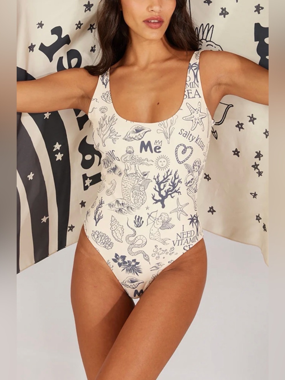 ME369 Size S • Cream Printed One Piece Swimsuit Swim.